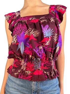 Scotch & Soda Floral Ruffle Sleeve Blouse - Brown, Pink, Purple